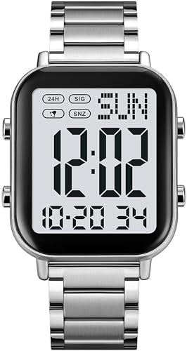 Digital Uhren Herren Digitaluhr Große Ziffern Senioren Business Digitale Armbanduhr Metallarmband Luxus Uhr Männer LED Dualzeit Datum 12/24H Stoppuhr Herrenuhr von findtime