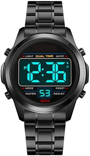 Digital Uhren Herren Luxus Sportlich Männer Uhr Militär Edelstahl LED Wecker Digitale Armbanduhren Herrenuhr Wasserdicht mit Stoppuhr Datum Dual Time 12/24H Multifunktions Schwarz von findtime