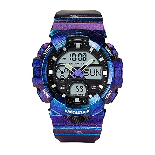 Digitale Herren-Armbanduhr, Militär, Stoppuhr, 50 m, wasserdicht, multifunktional, Countdown-Modus, Alarmfunktion, Dual Time, violett, Gurt von findtime