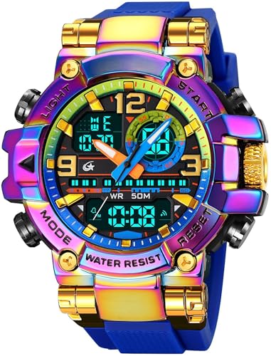 Digitale Herren-Sportuhr für Herren, großes Zifferblatt, taktische wasserdichte Uhr, analog, EL-Hintergrundbeleuchtung, Alarm, Stoppuhr, robuste Armbanduhr, Regenbogenblau von findtime