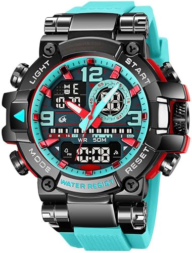 Digitale Herren-Sportuhr für Herren, großes Zifferblatt, taktische wasserdichte Uhr, analog, EL-Hintergrundbeleuchtung, Alarm, Stoppuhr, robuste Armbanduhr, seeblau von findtime