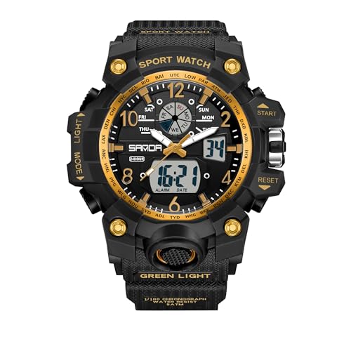 Digitaluhr Damen Sportuhren für Damen Armbanduhr Damenuhr Digital Uhr wasserdichte Outdoor Digitaluhr für Mädchen LED-Leuchtdisplay mit Analogen Zeigern und Digitalen Zahlen,Schwarz Golden von findtime