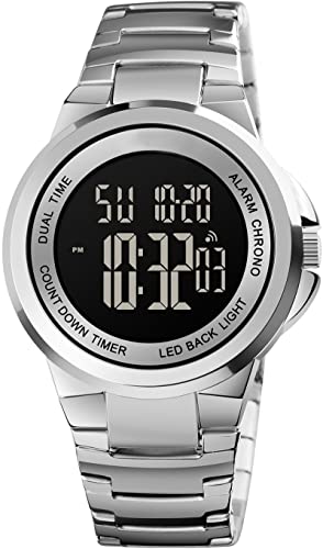 findtime Digitaluhr Herren Edelstahl Armbanduhr mit Beleuchtend Alarm Kalender Herrenuhr Stoppuhr Coutdown 12/24 Stunden Uhren für Männer Digital Elegant Elektronisch Schwarz Silber von findtime