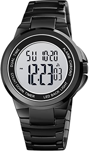 findtime Digitaluhr Herren Edelstahl Armbanduhr mit Beleuchtend Alarm Kalender Herrenuhr Stoppuhr Coutdown 12/24 Stunden Uhren für Männer Digital Elegant Elektronisch Silber Schwarz von findtime