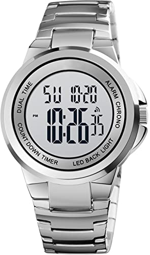 findtime Digitaluhr Herren Edelstahl Armbanduhr mit Beleuchtend Alarm Kalender Herrenuhr Stoppuhr Coutdown 12/24 Stunden Uhren für Männer Digital Elegant Elektronisch Silber Schwarz von findtime