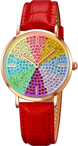 findtime Fashion Damenuhr Glitzer Strass Regenbogen Zifferblatt Luxus Analog Uhr Frauen Bunt Armbanduhren Schmuck Damen Uhren Rosegold/Weiß/Schwarz/Rot Edelstahlarmband Leder Bunte Steine von findtime