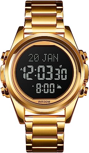 findtime Gold Herren Uhren Edelstahl Armbanduhr Männer Designer LED Digitaluhr Qibla Business Herrenuhren von findtime