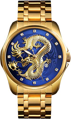 findtime Gold Herrenuhr Drache 3D Designer Männer Edelstahl Armbanduhr Elegant Analog Quarzuhr Datum Leuchtende von findtime