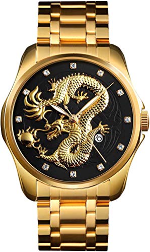 findtime Gold Herrenuhr Drache 3D Designer Männer Edelstahl Armbanduhr Elegant Analog Quarzuhr Datum Leuchtende von findtime