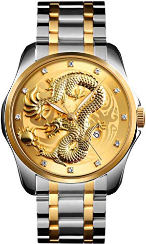 findtime Gold Herrenuhr Drache 3D Designer Männer Edelstahl Armbanduhr Elegant Analog Quarzuhr Datum Leuchtende von findtime