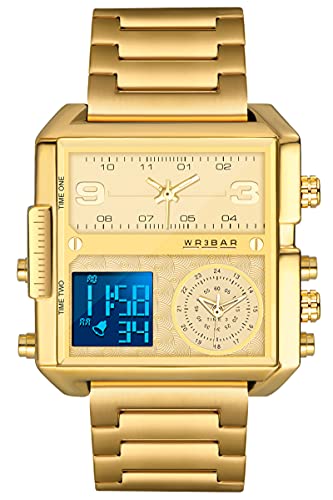 Gold Uhr Herren Cool Damenuhr 3 Arten von Zeitanzeige Quadratisch Digital Edelstahl Armbanduhr Schwarz Silber 3ATM Wasserdicht Elegant Business Datum LED Mode Elektronisch Quarz Uhren für Männer von findtime