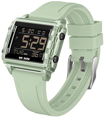 Große Zahl Digital Sportuhr Rechteckig Outdoor Wasserdicht Armbanduhr Transparent leuchtende ziffern mit Chronograph Stoppuhr Alarm Multifunktional Digitaluhr für Damen und Herren Grün Unique von findtime