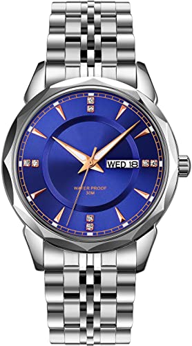 findtime Herren Armbanduhr Edelstahlarmband Elegant Analog Quarz Uhr mit Wochentag Datum Herrenuhr Silber Blau Uhren Männer Business Luxus von findtime