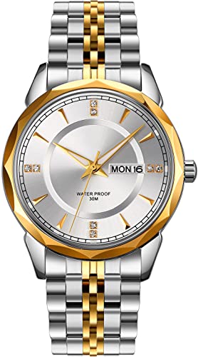 findtime Herren Armbanduhr Edelstahlarmband Elegant Analog Quarz Uhr mit Wochentag Datum Herrenuhr Silber Gold Uhren Männer Business Luxus von findtime