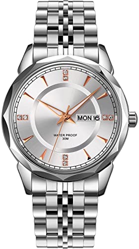 findtime Herren Armbanduhr Edelstahlarmband Elegant Analog Quarz Uhr mit Wochentag Datum Herrenuhr Silber Gold Uhren Männer Business Luxus von findtime