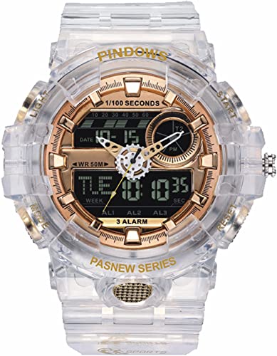 findtime Herren Digital Sportuhr Digitaluhr Armbanduhr Digital LED 5ATM Wasserdicht Männer Outdoor Militär Uhr Stoppuhr Kalender Countdown Datum 12/24H Stoßfest Transparent Weiß von findtime