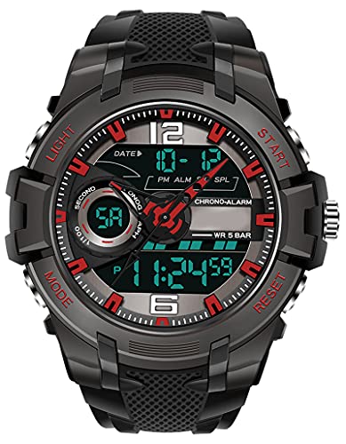 findtime Herren Digitaluhr Jungen Chronograph Militär Tactical Watch Sport 2,12 Zoll Großes Zifferblatt 5 ATM Wasserdicht Analog Stoppuhr Männer Wecker Armee Stoßfest LED Licht Zwei Zeitzonen Rot von findtime