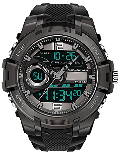 Herren Sport Digitaluhr Militär Tactical Watch Chronograph 2,12 Zoll Großes Zifferblatt 5 ATM Wasserdicht Analog Stoppuhr Wecker Armee Stoßfest LED Licht Lässig Armbanduhr Männer Jungen Zwei Zeitzonen von findtime