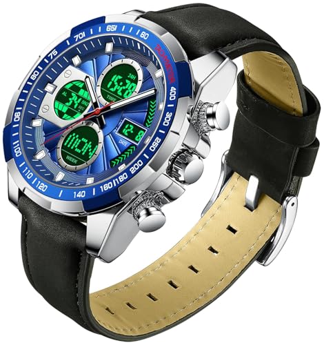 Herren Uhren Blau Armbanduhr für Männer mit Alarm Timer Datum Stoppuhr 5ATM wasserdichte Digitale Analoguhr Leader Band Business Elegant Klassische Design von findtime