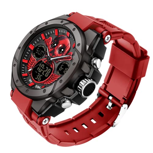findtime Herren Uhren Digital Militär Sport Outdoor Totenkopf-Motiv Schädel Wasserdicht Timer Chronograph Countdown Tactical Watch Analog Armbanduhr Männer Jungen LED Kalender 12/24H Stoppuhr Wecker von findtime