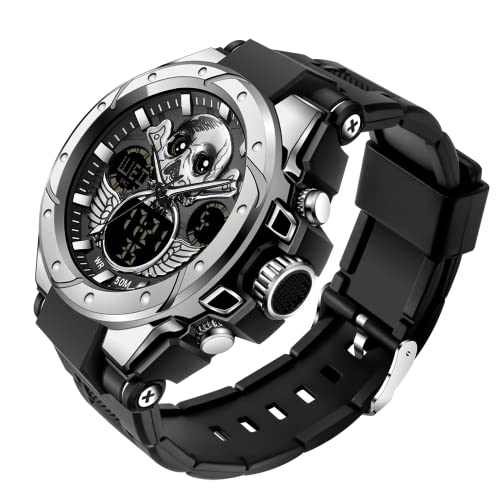 findtime Herren Uhren Digital Militär Sport Outdoor Totenkopf-Motiv Schädel Wasserdicht Timer Chronograph Countdown Tactical Watch Analog Armbanduhr Männer Jungen LED Kalender 12/24H Stoppuhr Wecker von findtime