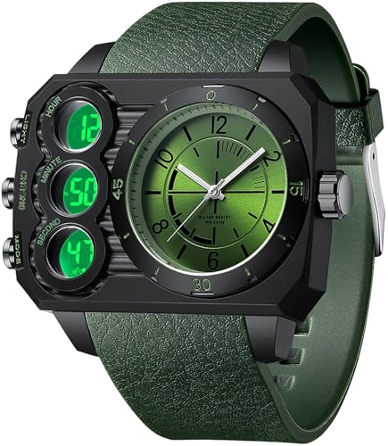 Herren Uhren Einzigartiges Design Herrenuhr Quadratische Übergroße Armbanduhr DREI Zeitzone Digital Analog Quarzuhr von findtime