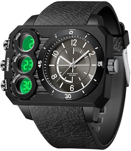 Herren Uhren Einzigartiges Design Herrenuhr Quadratische Übergroße Armbanduhr DREI Zeitzone Digital Analog Quarzuhr von findtime