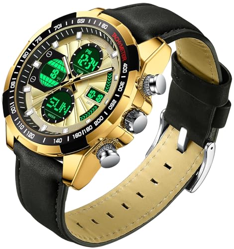 Herren Uhren Gold Armbanduhr für Männer mit Alarm Timer Datum Stoppuhr 5ATM wasserdichte Digitale Analoguhr Leader Band Business Elegant Klassische Design von findtime