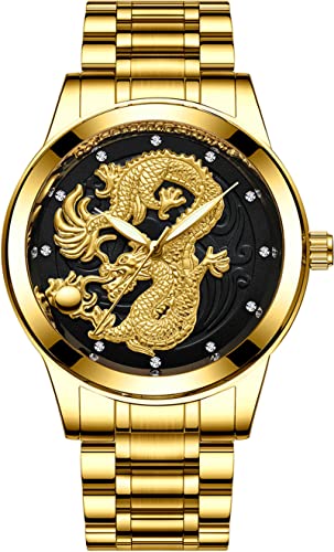 findtime Herren Uhren Goldene Edelstahlarmband 4D Drachen Diamant Designer Männer Quarz Analog Armbanduhr von findtime