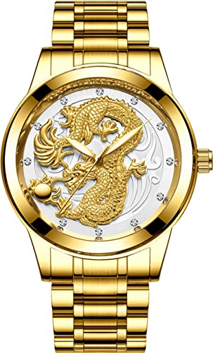 findtime Herren Uhren Goldene Edelstahlarmband 5D Drachen Diamant Designer Männer Quarz Analog Armbanduhr von findtime