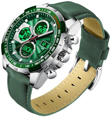 Herren Uhren Grün Armbanduhr für Männer mit Alarm Timer Datum Stoppuhr 5ATM wasserdichte Digitale Analoguhr Leader Band Business Elegant Klassische Design von findtime