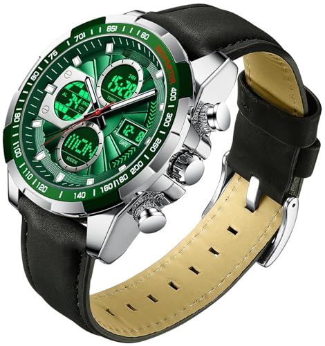 Herren Uhren Grün Armbanduhr für Männer mit Alarm Timer Datum Stoppuhr 5ATM wasserdichte Digitale Analoguhr Leader Band Business Elegant Klassische Design von findtime