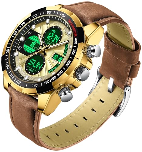 Herren Uhren Leder Armbanduhr für Männer mit Alarm Timer Datum Stoppuhr 5ATM wasserdichte Digitale Analoguhr Business Elegant Klassische Design von findtime