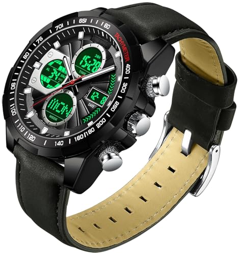 Herren Uhren Schwarz Armbanduhr für Männer mit Alarm Timer Datum Stoppuhr 5ATM wasserdichte Digitale Analoguhr Leader Band Business Elegant Klassische Design von findtime
