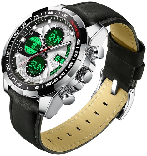 Herren Uhren Schwarz Armbanduhr für Männer mit Alarm Timer Datum Stoppuhr 5ATM wasserdichte Digitale Analoguhr Leader Band Business Elegant Klassische Design von findtime
