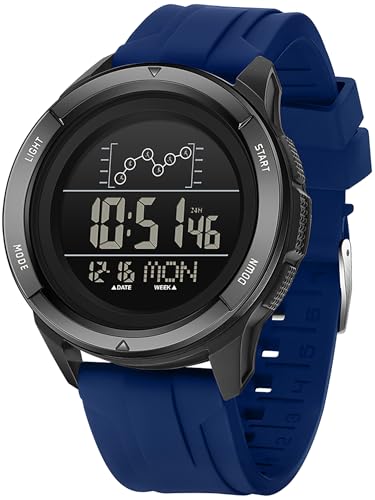 Herrenuhr Digital mit Blau Silikon Armbanduhr für Damen Männer Countdown Doppelzeit Alarm 12/24H LED-Hintergrundbeleuchtung von findtime