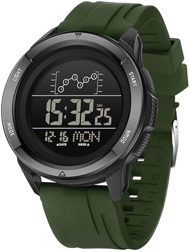 Herrenuhr Digital mit Grün Silikon Armbanduhr für Damen Männer Countdown Doppelzeit Alarm 12/24H LED-Hintergrundbeleuchtung von findtime