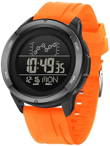 Herrenuhr Digital mit Orange Silikon Armbanduhr für Damen Männer Countdown Doppelzeit Alarm 12/24H LED-Hintergrundbeleuchtung von findtime