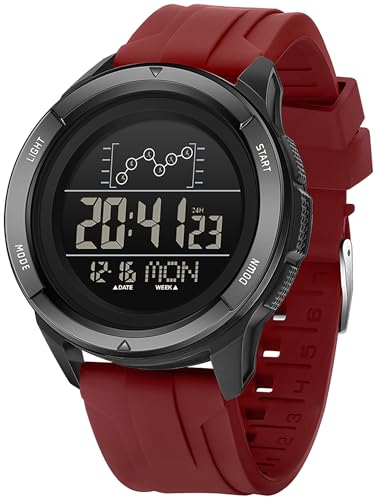 Herrenuhr Digital mit Rot Silikon Armbanduhr für Damen Männer Countdown Doppelzeit Alarm 12/24H LED-Hintergrundbeleuchtung von findtime