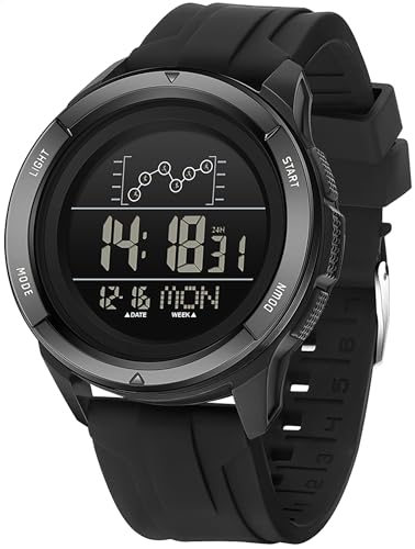 Herrenuhr Digital mit Schwarz Silikon Armbanduhr für Damen Männer Countdown Doppelzeit Alarm 12/24H LED-Hintergrundbeleuchtung von findtime