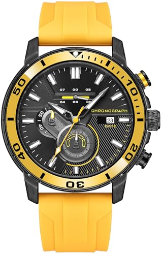 Herrenuhr Gelb Armbanduhr mit Chronograph Tag Kalendar Sportliche Mode Quarzuhr Leuchtender Zeiger Silikon Band von findtime