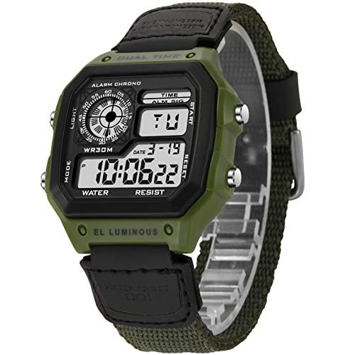 findtime Herrenuhr Militär Uhren Digital Sport Armbanduhr mit Nylonarmband Tactical Watch mit Beleuchtung Datum Stoppuhr Wecker Digitaluhr Outdoor Männer Uhr Grün Schwarz Eckig von findtime