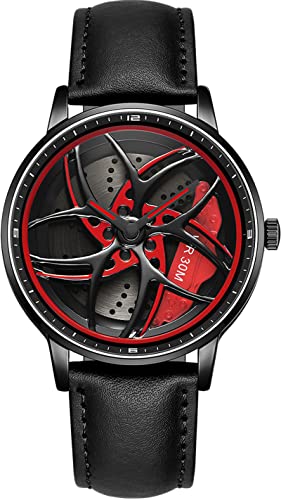 findtime Herrenuhr Motorsport 3D Felgendesign Designer Armbanduhr Edelstahl Leder Analog Quarzuhr Persönlichkeit Felgenuhr Mode Auto-Enthusiasten Raduhr von findtime