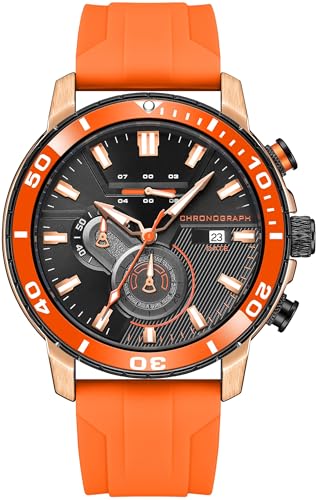 Herrenuhr Orange Silikon Armbanduhr mit Chronograph Tag Kalendar Sportliche Mode Quarzuhr Leuchtender Zeiger von findtime