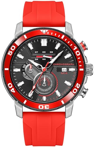 Herrenuhr Rot Armbanduhr mit Chronograph Kalendar Tag Sportliche Mode Quarzuhr Leuchtender Zeiger Silikon Band von findtime