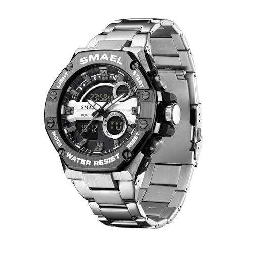 Herrenuhr Silber Edelstahl Digital Uhr Chronograph Herren Armbanduhr Seniorenuhr 5 ATM Wasserdicht Großes Ziffernblatt Militär Leuchtende Klassisch Elegant Elektronisch Analog Quarz Watches for Men von findtime