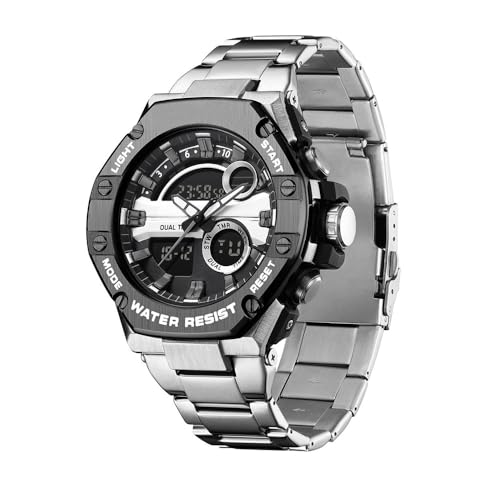 Herrenuhr Silber Edelstahl Digital Uhr Chronograph Herren Armbanduhr Seniorenuhr 5 ATM Wasserdicht Großes Ziffernblatt Militär Leuchtende Klassisch Elegant Elektronisch Analog Quarz Watches for Men von findtime