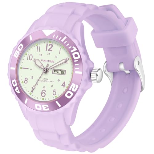 Kinderuhr Junge Armbanduhr Kinder Junge Uhr Kinder Uhren für Jungs Kinder Uhren Mädchen Uhr Jungen 12 Jahre mit Leuchtenden Zeigern für die Dunkelheit, Lilac Purple von findtime