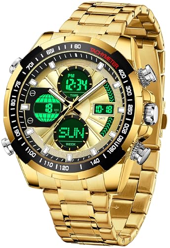 Luxus Herren Uhren Edelstahl Gold Armbanduhr Männer mit Alarm Timer Datum Stoppuhr 5ATM wasserdichte Digitale Analoguhr Business Elegant von findtime