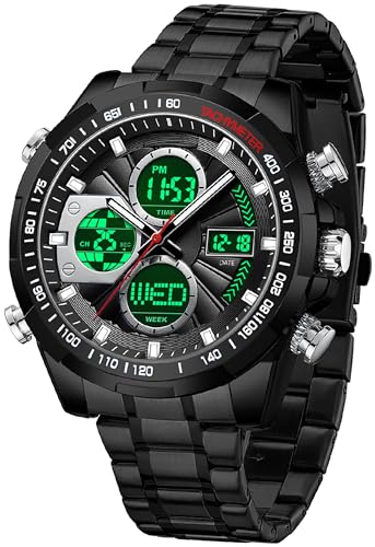 Luxus Herren Uhren Edelstahl Schwarz Armbanduhr Männer mit Alarm Timer Datum Stoppuhr 5ATM wasserdichte Digitale Analoguhr Business Elegant von findtime